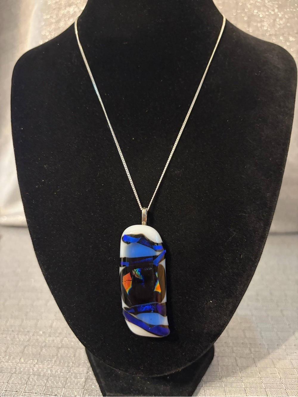 Dichroic Glass Blue Swirl Pendant Necklace